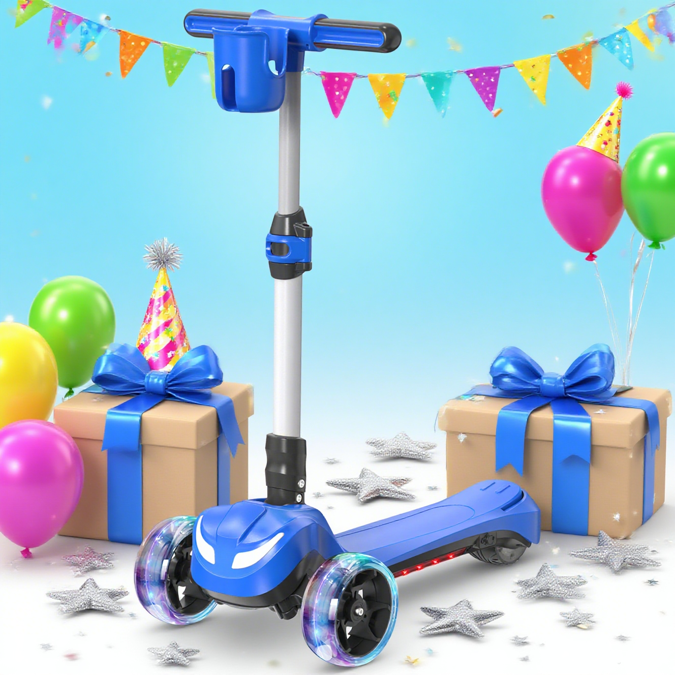 Newest Kids Scooter with Flashing Wheels, LCD Screen, Thumb Throttle, 3 Adjustable Heights, 5MPH Speed