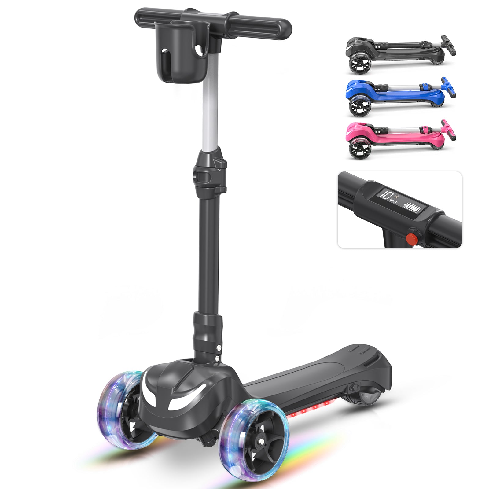 Newest Kids Scooter with Flashing Wheels, LCD Screen, Thumb Throttle, 3 Adjustable Heights, 5MPH Speed