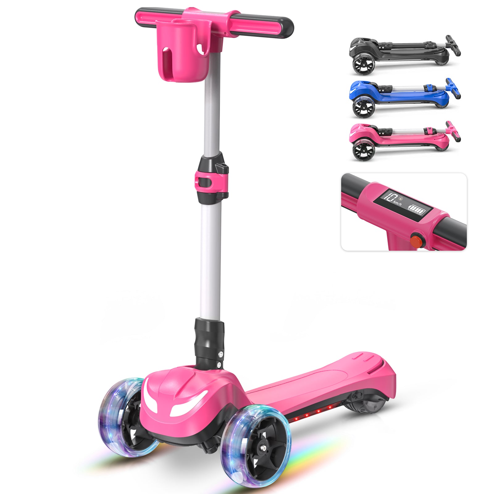 Newest Kids Scooter with Flashing Wheels, LCD Screen, Thumb Throttle, 3 Adjustable Heights, 5MPH Speed