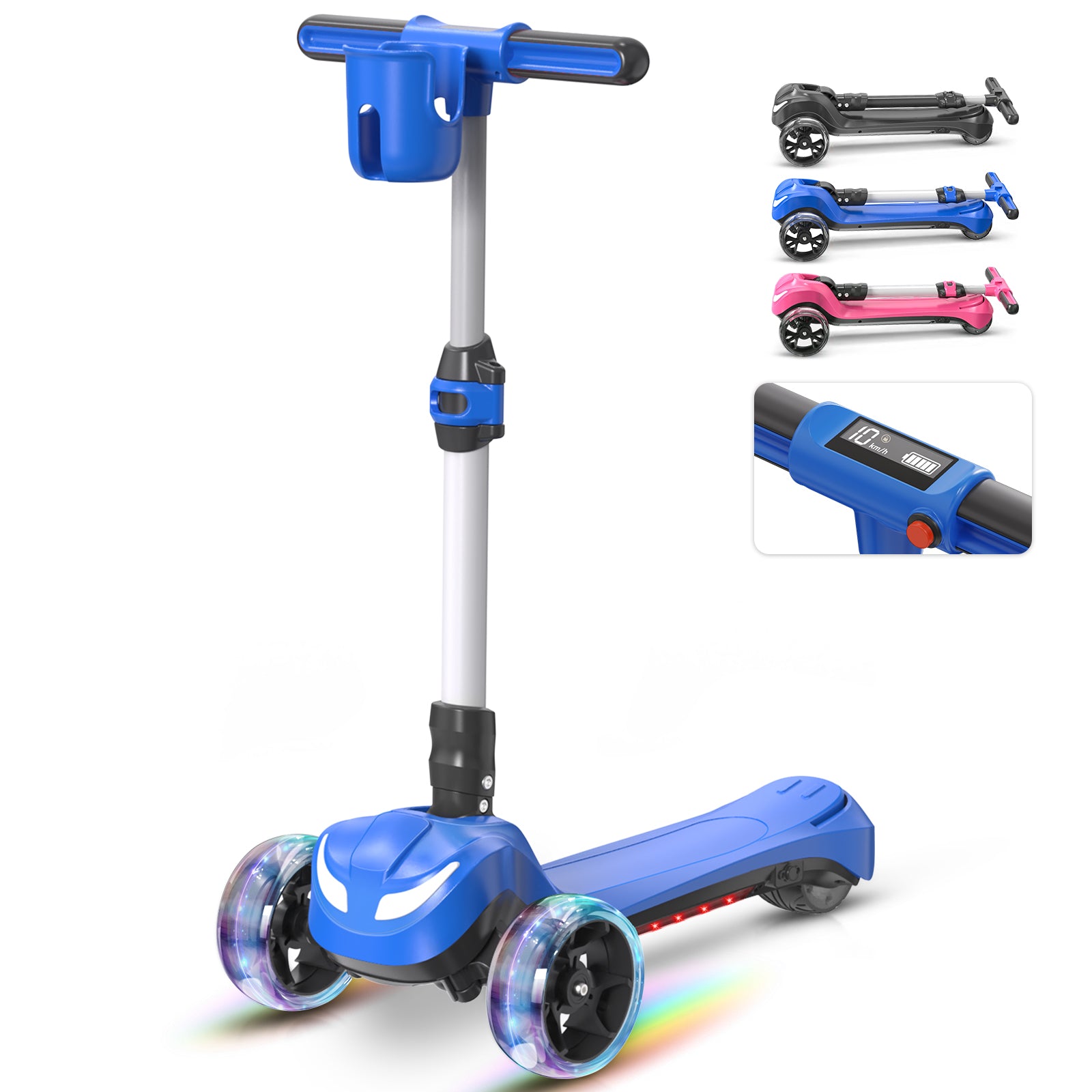 Newest Kids Scooter with Flashing Wheels, LCD Screen, Thumb Throttle, 3 Adjustable Heights,