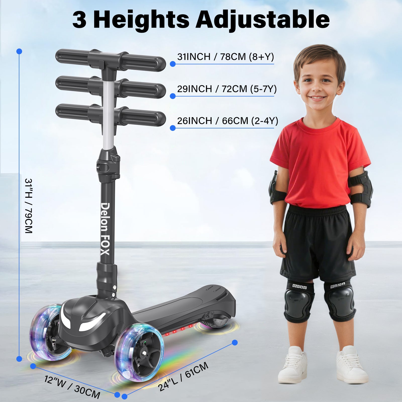 Newest Kids Scooter with Flashing Wheels, LCD Screen, Thumb Throttle, 3 Adjustable Heights,